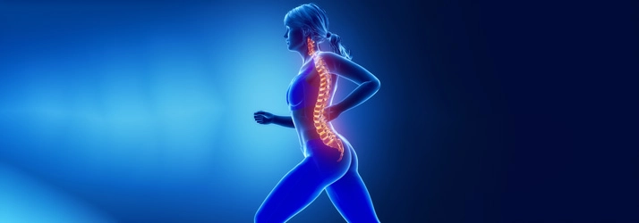 Blue-toned illustration of a person in motion with a glowing spine overlay on a dark gradient background.